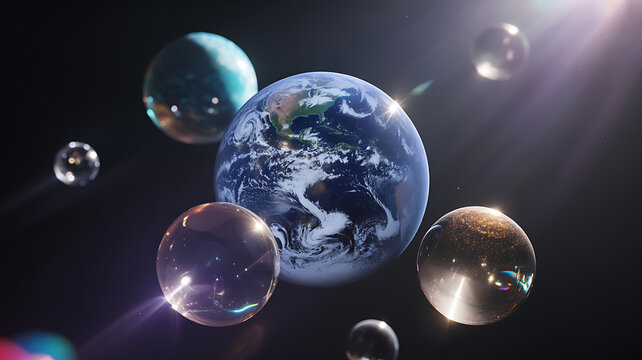 Diverse universe filled with various planet sizes and shapes floating among dark space with lens flare effect
