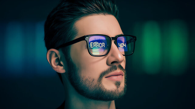 Man with beard wearing glasses that reflect error message in digital display with soft light bokeh effect