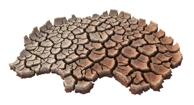 Dry cracked earth isolated on transparent background, showcasing the effects of drought and climate change