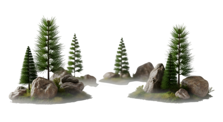 Small islands of rocks and trees isolated on transparent background in a miniature world