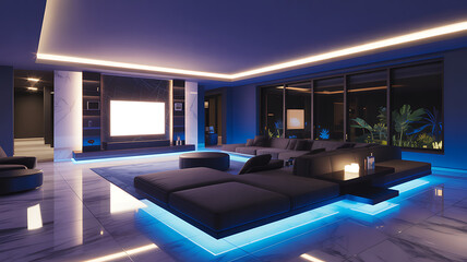 Modern luxury home interior design with marble floor and comfortable furniture illuminated blue neon lighting