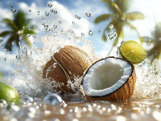 Coconut halves are splashing in water with lime slices, set against a backdrop of palm trees and blue sky, evoking a tropical and refreshing atmosphere