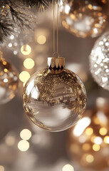 Beautiful sparkling Christmas ornament shining brightly on festive holiday tree
