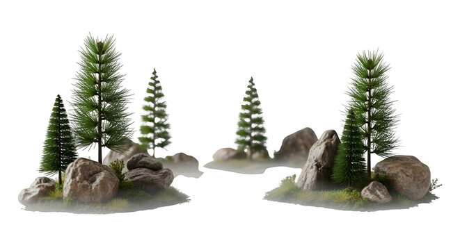 Small islands of rocks and trees isolated on transparent background in a miniature world