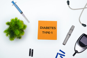Diabetes Management Concept with Glucometer, Syringe, and "DIABETES 1" Text on Note.Medical concept.