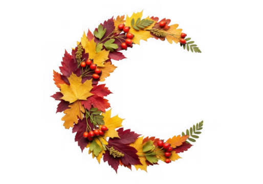 A crescent moon shape formed colorful autumn leaves berries, isolated on transparent background