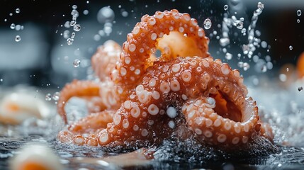 Detailed view of a colorful octopus in water, with droplets splashing around, highlighting its unique textures and the dynamic nature of ocean environments