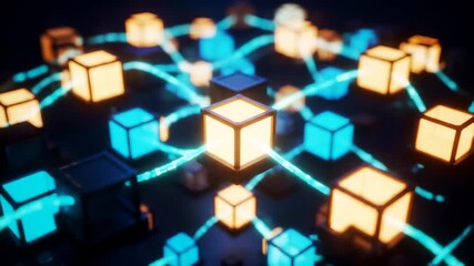 Glowing cubes connected by neon lines abstract technology network data flow , Abstract glowing cubes connected in a neon data grid, Futuristic AI network and blockchain technology concept. - Powered by Adobe