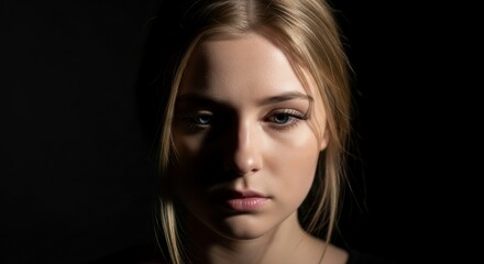 Fototapeta premium Quiet Contemplation: Portrait of a woman. Soft shadows play across her face, capturing a moment of deep thought and introspection.