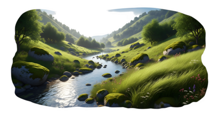 Lush green valley with a flowing river, rocks, and trees isolated on transparent background