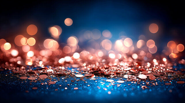 Sparkling rose gold confetti cascades across a deep blue bokeh background, creating an elegant, celebratory atmosphere perfect for festive occasions.