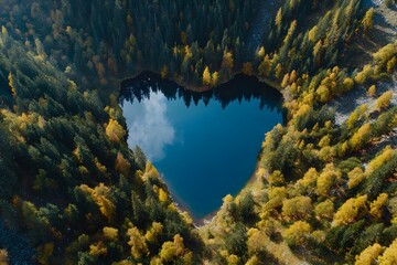 Aerial photo of heart-shaped lake reflecting blue sky