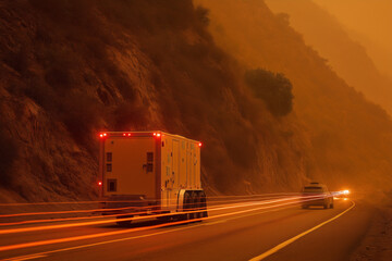 Mountain Pass Evacuation Route With Portable Battery Trailer Charging EV Under Wildfire Smoke, Orange Sky, Roadside Detail, Patrol Beacons, Long-Exposure Light Trails
