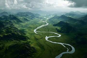 Aerial view of winding river through mountain valley
