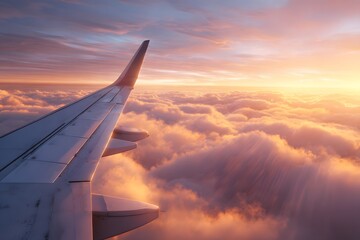 Airplane wing over glowing clouds at sunrise
