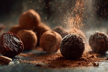 Cocoa-dusted chocolate truffles with rustic lighting