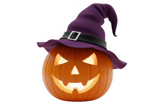 A carved pumpkin a spooky face a purple witch hat, isolated on transparent background