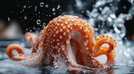 Orange octopus rises from water, creating splashes and bubbles, highlighting its unique textures and fluid motion in a captivating underwater scene