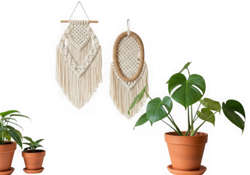 Two macrame wall hangings and potted plants isolated on transparent background