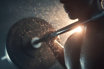 Bodybuilder training with barbell and sweat particles