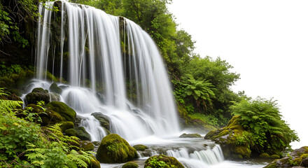 Obraz premium Beautiful waterfall cascading over rocks covered in moss isolated on transparent background