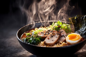 Steaming spicy ramen bowl with pork and egg