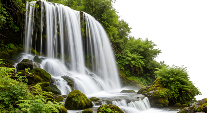 Beautiful waterfall cascading over rocks covered in moss isolated on transparent background