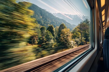 Speeding train through forest mountain landscape
