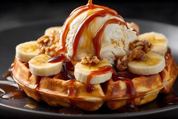 Caramel waffle dessert with banana and ice cream