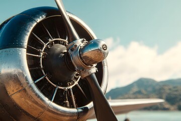Vintage airplane propeller with scenic mountain view