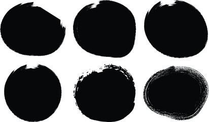 Six abstract black grunge oval shapes with rough edges isolated on transparent background