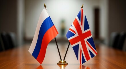 Diplomacy in Focus: Symbolic representation of diplomatic relations between Russia and the United Kingdom, their flags displayed on a polished wooden table.