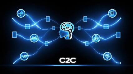 Digital network connecting business icons around a human brain and C2 C text consumer to consumer human head - Powered by Adobe