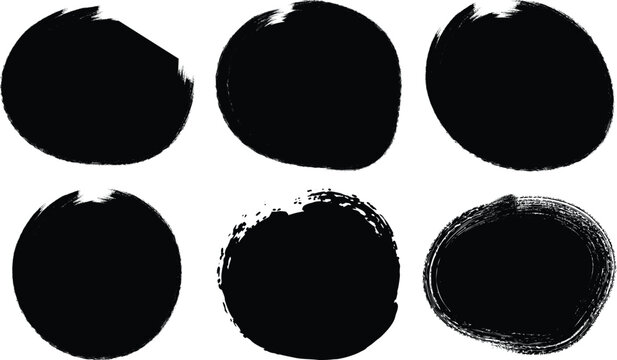 Six abstract black grunge oval shapes with rough edges isolated on transparent background