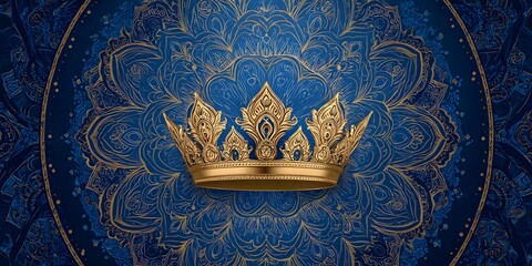 Golden Royal Crown on Luxury Blue and Gold Mandala Background