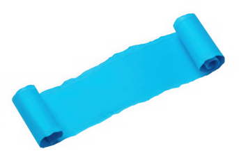 A bright blue resistance band rolled up at both ends, isolated on transparent background