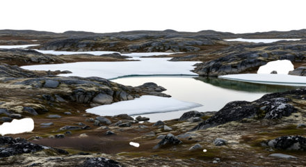 Arctic tundra landscape with melting ice and snow isolated on transparent background