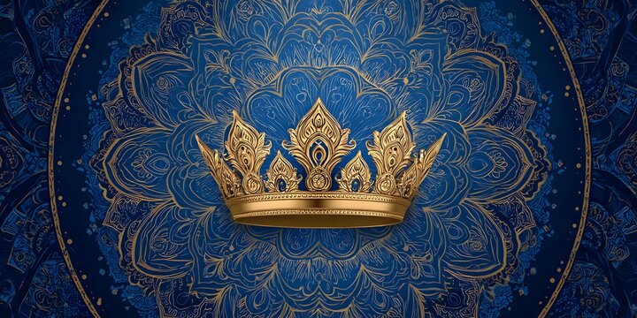 Golden Royal Crown on Luxury Blue and Gold Mandala Background