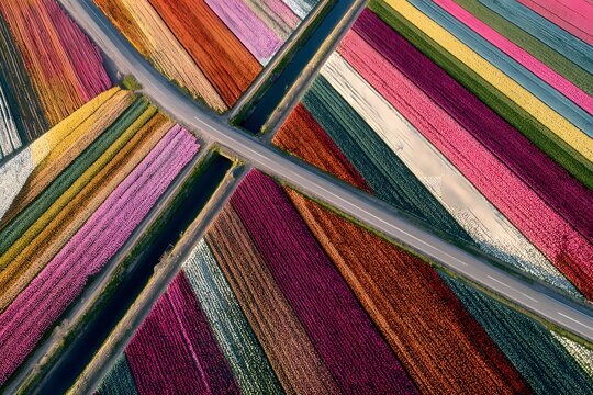Aerial top view of colorful tulip fields in spring intersected by rural road, Netherlands landscape symmetry.
