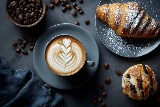Flat lay of cappuccino with latte art, chocolate pastry and croissant on dark rustic table, cozy breakfast mood.