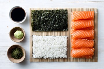Flat lay of sushi preparation with salmon slices, rice, nori sheets and wasabi on bamboo mat, top view composition.