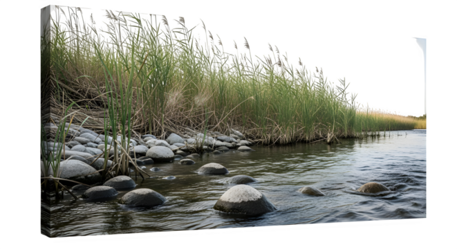 Riverbank with reeds and rocks isolated on transparent background, a peaceful nature scene
