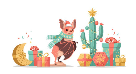 Obraz premium Cute Bat in Santa Hat and Scarf with Holiday Gifts and Decorated Cactus Vector Illustration Festive Celebration Scene