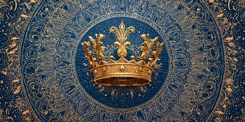 Ornate Royal Crown Rendering on Abstract Blue and Gold Luxury Design