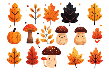 Charming collection of cute autumn doodle illustrations with kawaii mushrooms, colorful fall leaves, and a pumpkin, isolated elements set