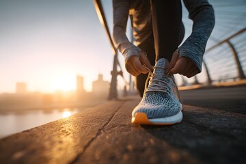 Athlete tying running shoes on bridge at sunrise with city skyline in background, motivation and focus concept.