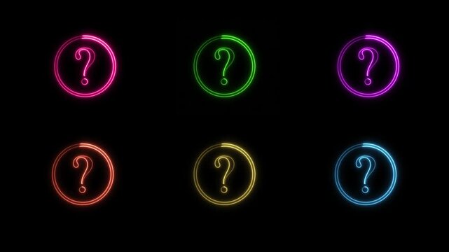 Glowing Neon question mark icons set in Multi color. Question, What, support motion video