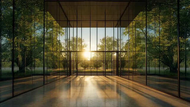 Modern glass building entrance with large transparent windows reflecting sunlight and green trees in a peaceful natural landscape