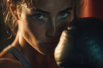 Focused female boxer wrapping hands before training, determination and discipline in low light gym.
