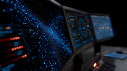 A modern workstation with a representational user interface forming from glowing particles, particles converging to create a futuristic dashboard